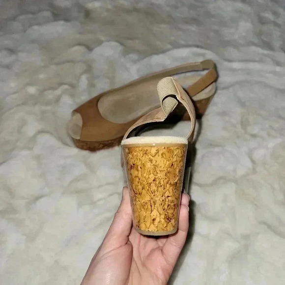MaxMara Sandal Platform Peep Toe Tan Beige Nubuck Slingback Cork Wedge 38 - Picture 7 of 7